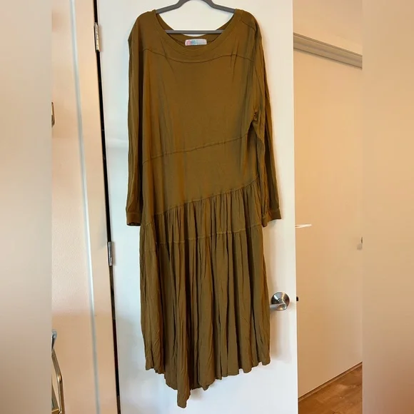 Free People Beach Tan Jilly Drop Waist Long Sleeve Asymmetric Hem Midi Dress - Picture 3 of 6